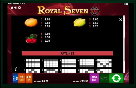 Royal Seven XXL Slot Machine Paytable Screen