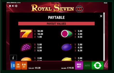 Royal Seven XXL Slot Machine Paytable Screen