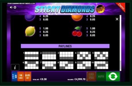 Sticky Diamonds Slot Machine Scatter Awards and Wild Symbol Screen