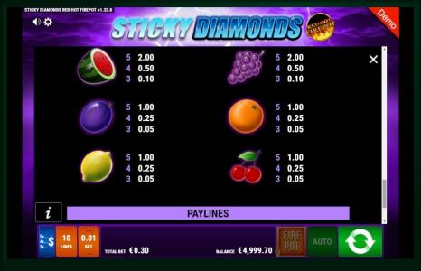 Sticky Diamonds Slot Machine Paytable Screen