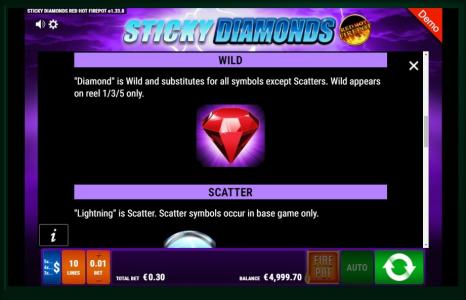 Sticky Diamonds Slot Machine Scatter Awards and Wild Symbol Screen