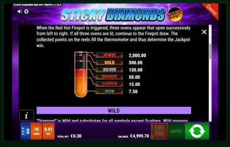 Sticky Diamonds Slot Machine Firepot Jackpot Levels Screen