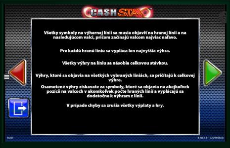 Cash Stax Slot Machine Game Rules Screen