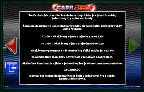 Cash Stax Slot Machine Return to Player (RTP) Information Screen