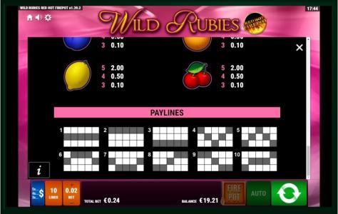 Wild Rubies Red Hot Firepot Slot Machine Paytable and Paylines Screen