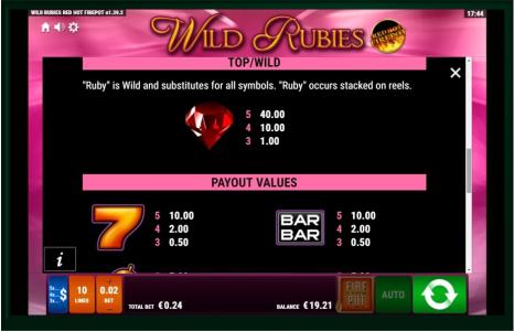 Wild Rubies Red Hot Firepot Slot Machine Paytable Screen