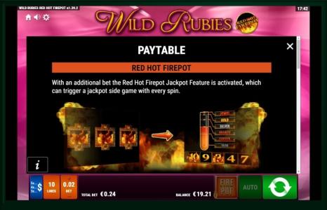 Wild Rubies Red Hot Firepot Slot Machine Paytable Screen