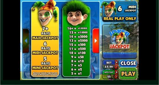 Joker Jackpot Slot Machine Paytable Screen