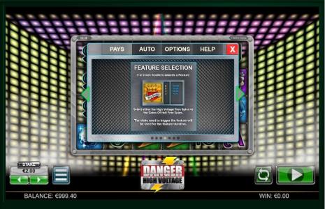 Danger High Voltage Slot Machine Feature Selection Screen