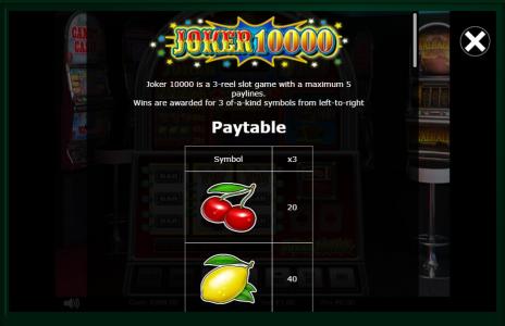 Joker 10000 Slot Machine Paytable Screen