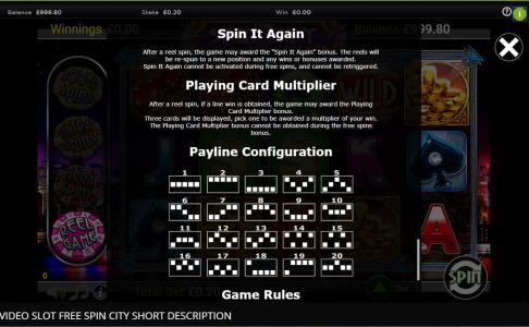 Free Spin City Slot Machine Paylines Screen