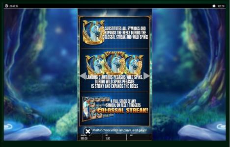 Pegasus Rising Slot Machine Pegasus Wild Spins and Colossal Streak Feature Screen