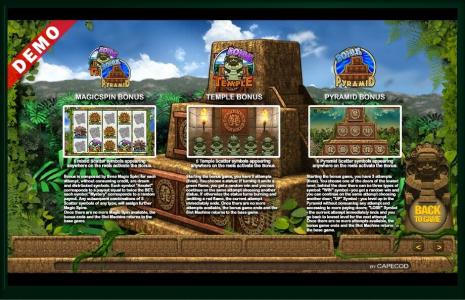 Mayan Temple Revenge Slot Machine Magic Spin, Temple, and Pyramid Bonus Feature Screen