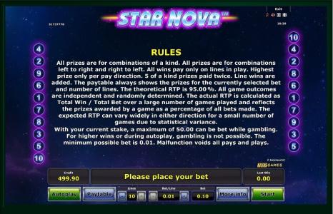Star Nova Slot Machine Game Rules Screen