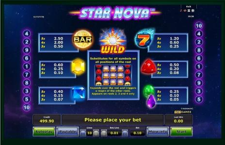 Star Nova Slot Machine Paytable Screen