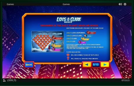 Superman II Slot Machine Lois & Clark Bonus Information Screen