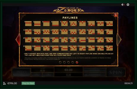 The Mask of Zorro Slot Machine Paylines Screen