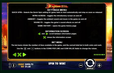 3 Kingdoms Battle of Red Cliffs Slot Machine Settings Menu Screen