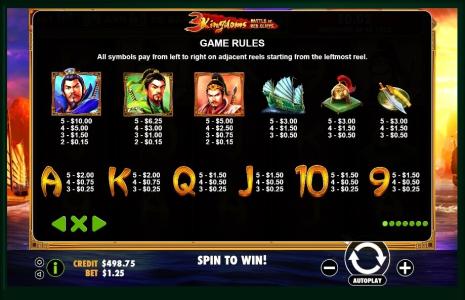 3 Kingdoms Battle of Red Cliffs Slot Machine Paytable Screen