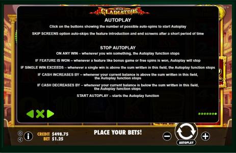 Wild Gladiators Slot Machine Autoplay Settings Screen