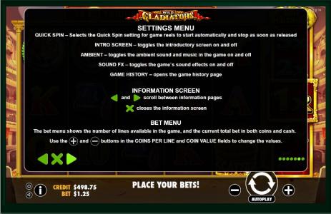 Wild Gladiators Slot Machine Settings Menu Screen