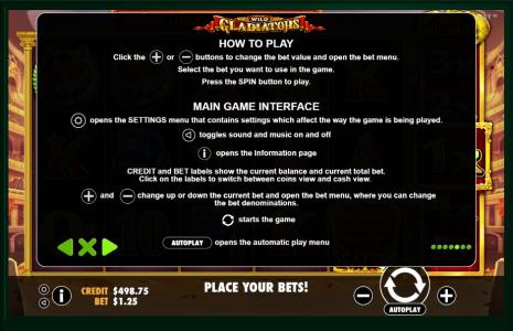 Wild Gladiators Slot Machine How to Play Instructions Screen
