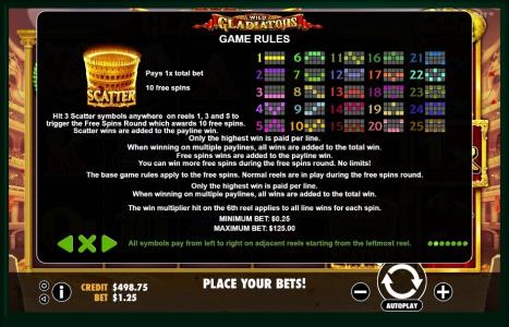 Wild Gladiators Slot Machine Paylines Screen