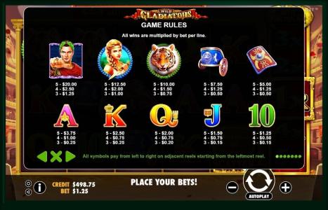 Wild Gladiators Slot Machine Paytable Screen