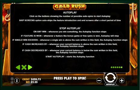 Gold Rush Slot Machine Autoplay Settings Screen