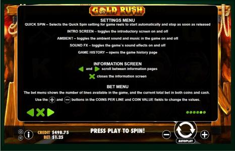 Gold Rush Slot Machine Settings Menu Screen