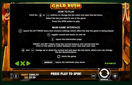 Gold Rush Slot Machine How to Play Instructions Screen