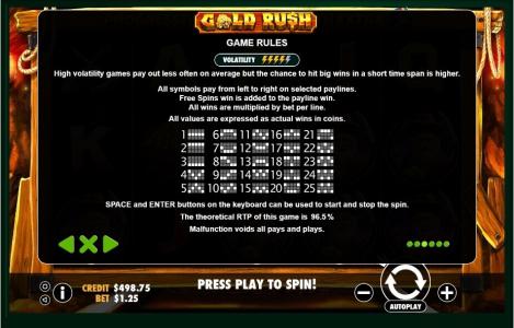 Gold Rush Slot Machine Paylines Screen