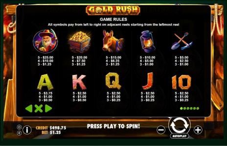 Gold Rush Slot Machine Paytable Screen