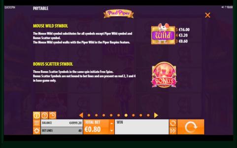 Pied Piper Slot Machine Scatter Awards and Wild Symbol Screen