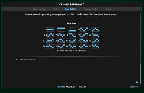 Cashing Rainbows Slot Machine Paylines Screen