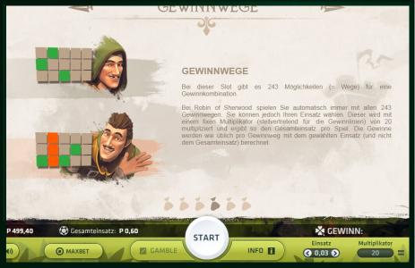 Robin of Sherwood Slot Machine Paylines and Winning Combinations Screen