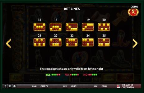 The Asp of Cleopatra Slot Machine Paylines Screen