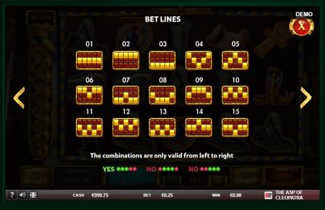The Asp of Cleopatra Slot Machine Paylines Screen