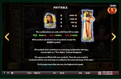 The Asp of Cleopatra Slot Machine Paytable Screen