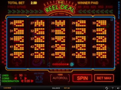 The Reel Deal Slot Machine Paylines Screen