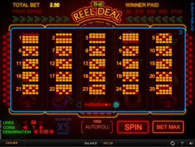 The Reel Deal Slot Machine Paylines Screen
