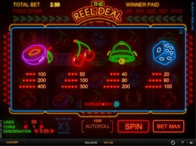 The Reel Deal Slot Machine Paytable Screen
