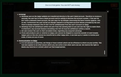 Zoo Slot Machine Winnings and Communication Rules Screen