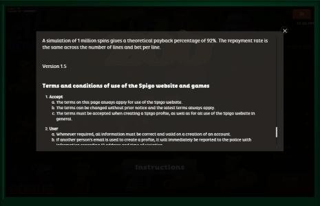 Zoo Slot Machine Theoretical Payback and Terms of Use Screen