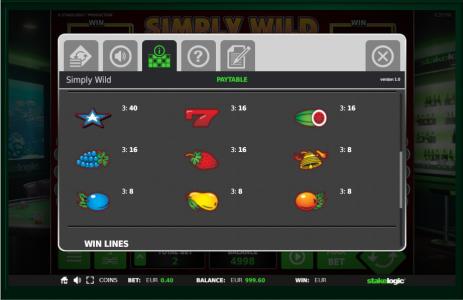 Simply Wild Slot Machine Paytable Screen