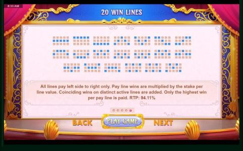 Lucky Cabaret Slot Machine Paylines Screen