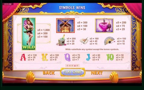 Lucky Cabaret Slot Machine Paytable Screen