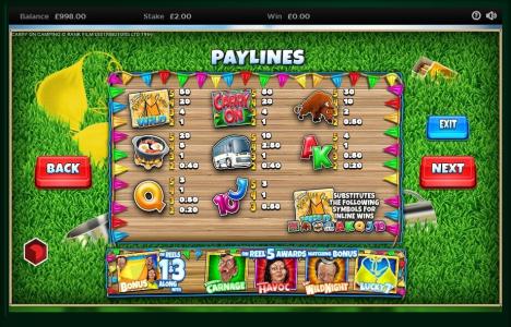 Carry On Camping Slot Machine Paytable Screen
