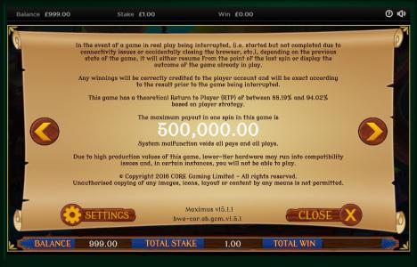 Balthazars Wild Emporium Slot Machine Game Interruption and RTP Information Screen