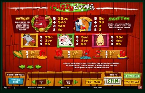 Crazy Cows Slot Machine Paytable Screen
